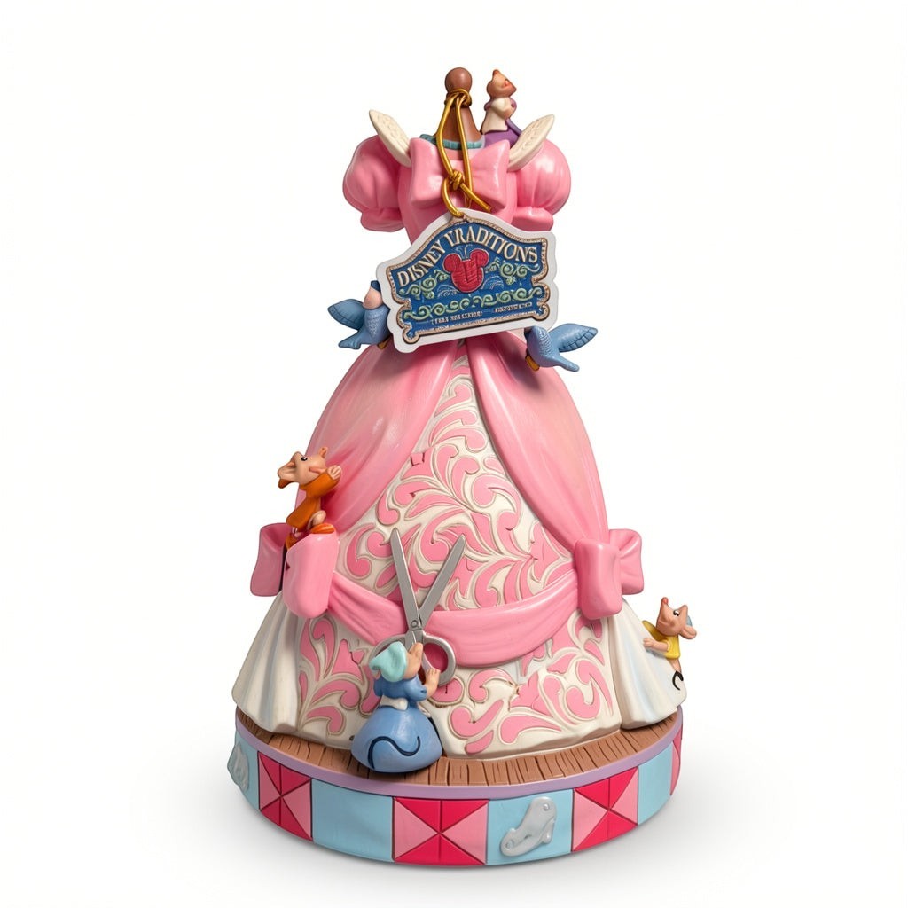 Once Upon Magic Disney Traditions Cinderella's dress figurine with mice and birds, pink and white.