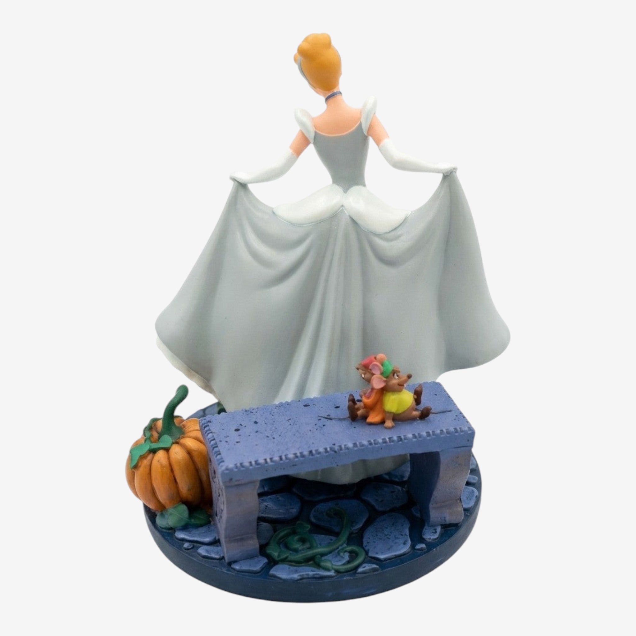 Once Upon Magic Cinderella figurine in blue ballgown with white gloves, with mice and pumpkin on base.
