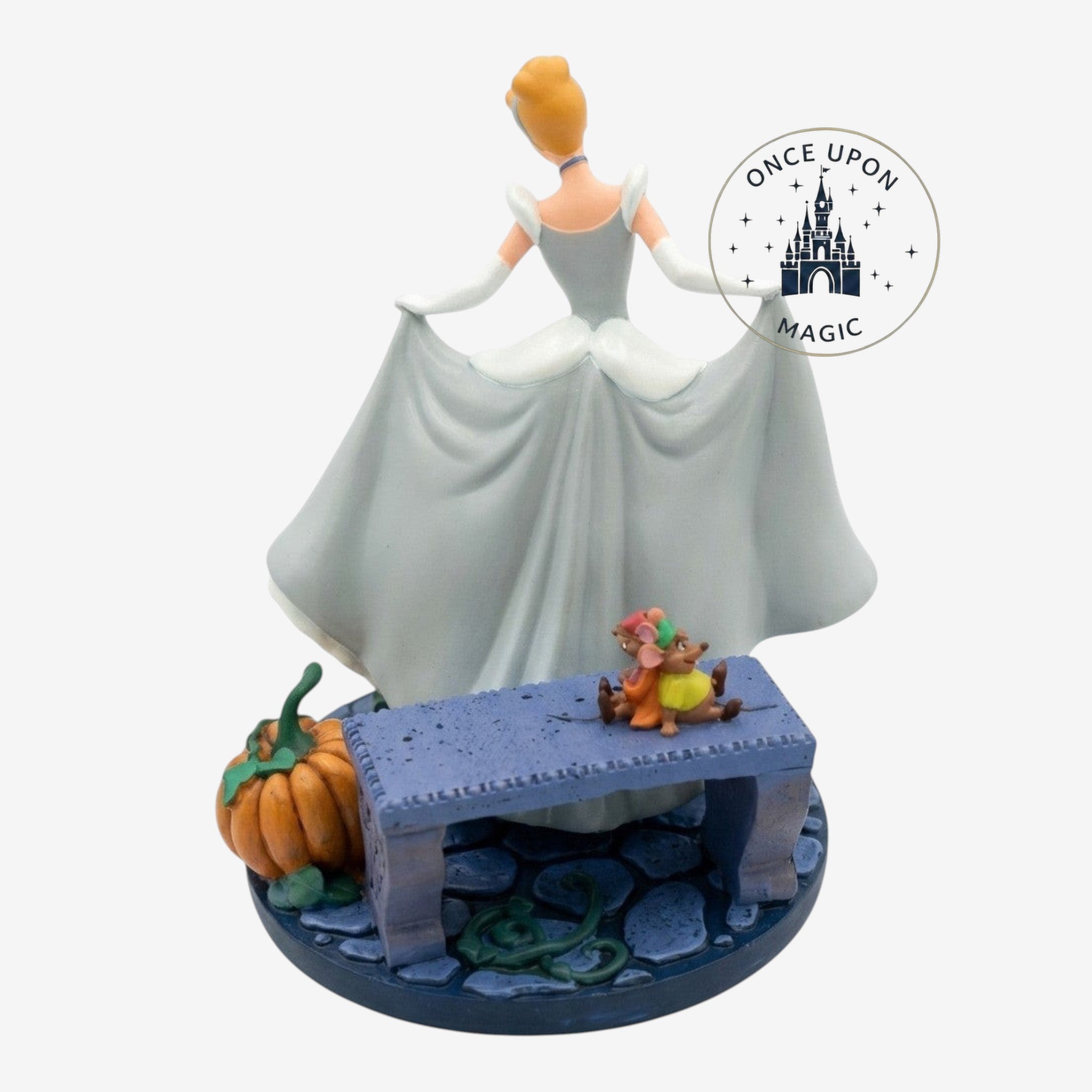 Once Upon Magic Cinderella figurine in blue ballgown with white gloves, with mice and pumpkin on base.