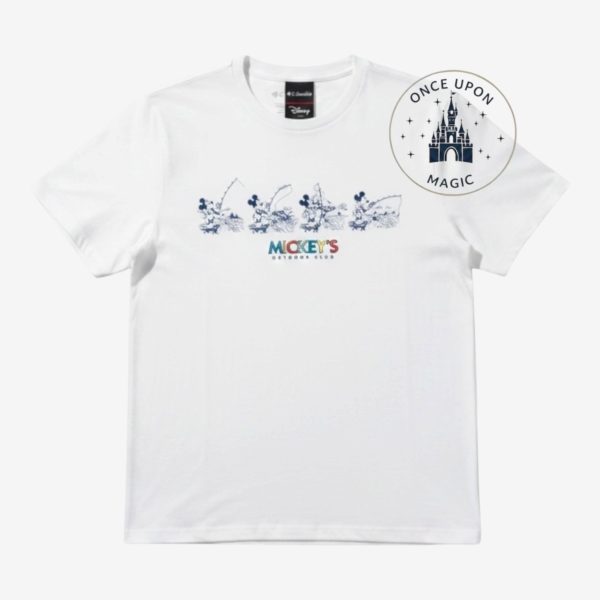 Once Upon Magic white Columbia x Disney Mickey Mouse t-shirt featuring a fishing graphic and outdoor club text.