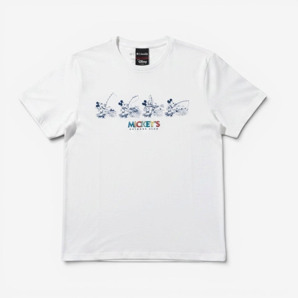 Once Upon Magic white Columbia x Disney Mickey Mouse t-shirt featuring a fishing graphic and outdoor club logo.