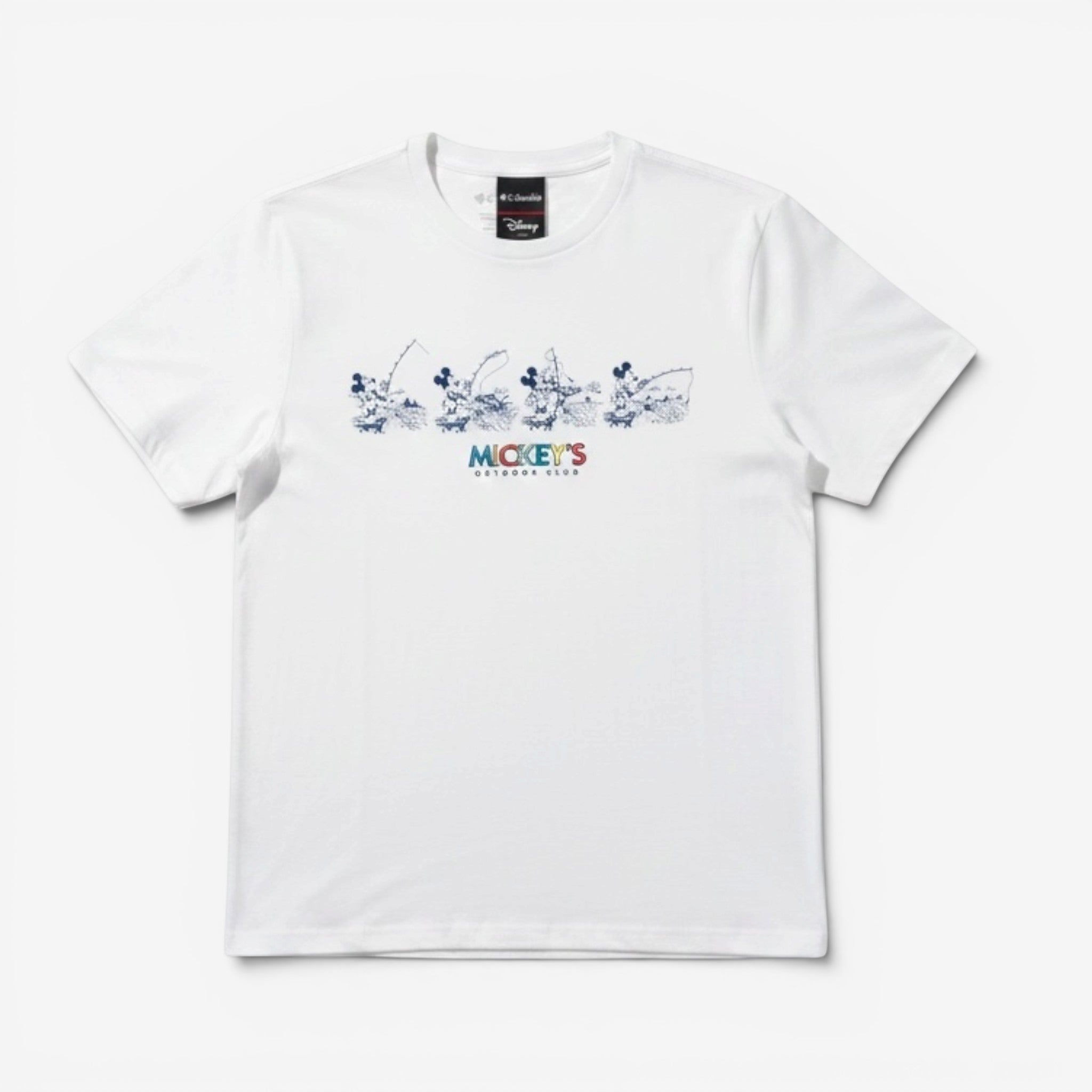 Once Upon Magic white Columbia x Disney Mickey Mouse t-shirt featuring a fishing graphic and outdoor club logo.