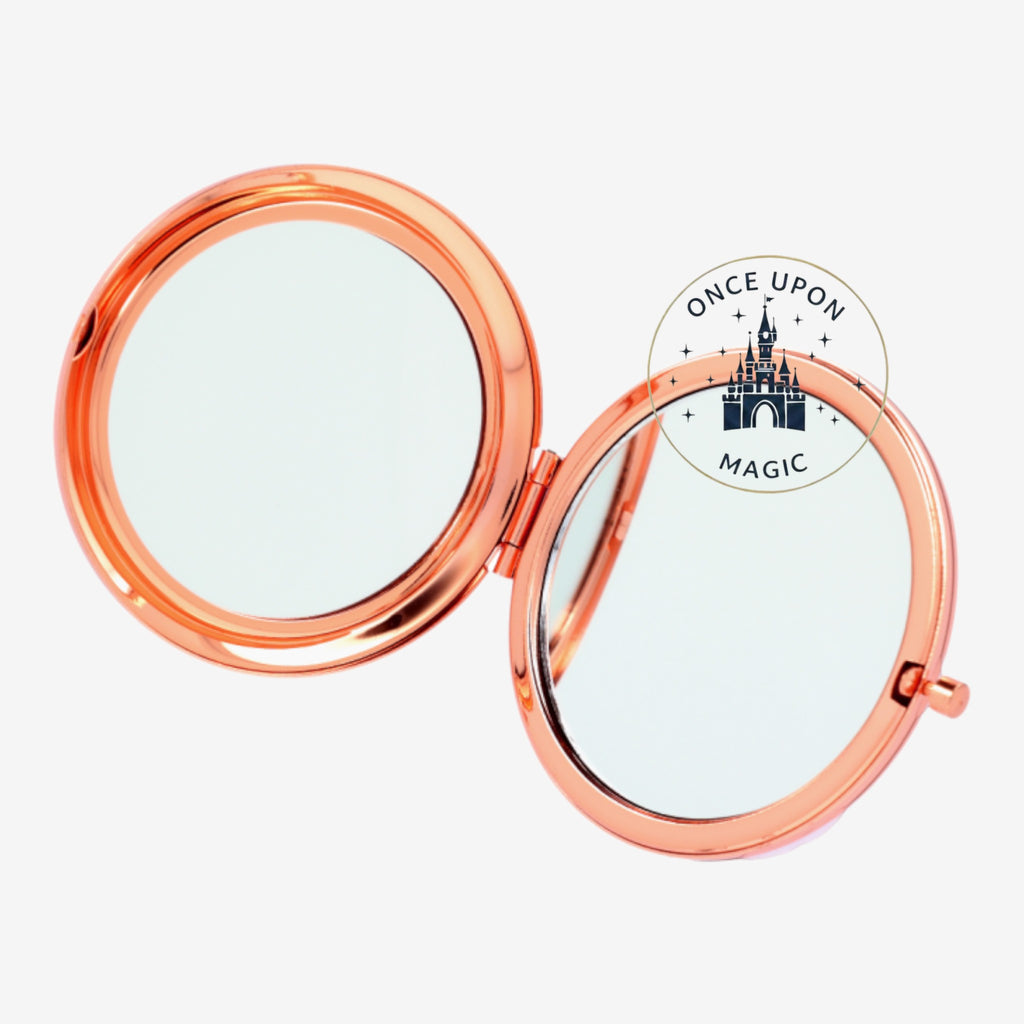 Once Upon Magic rose gold compact mirror inspired by Anna from Frozen, perfect for travel and beauty touch-ups.