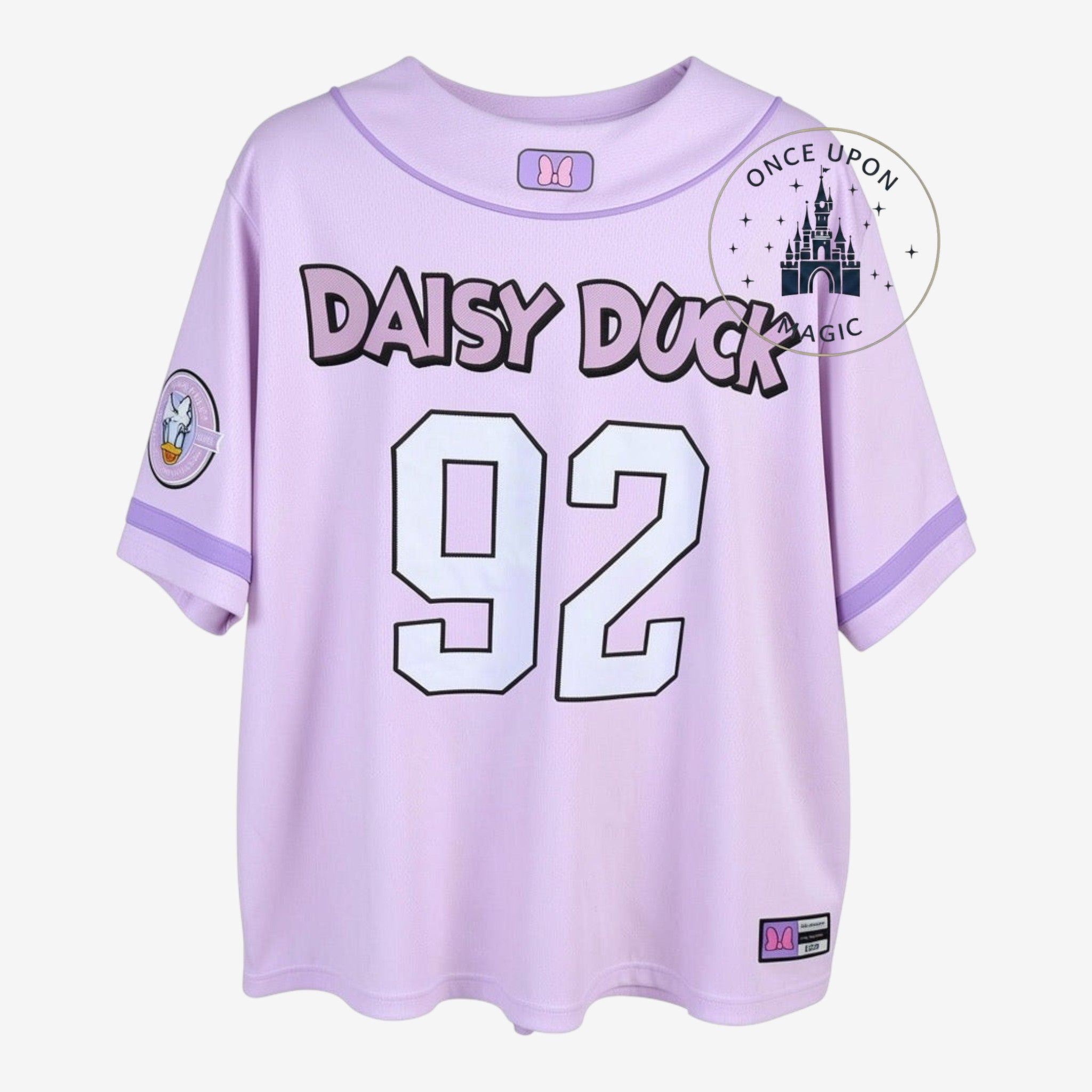 Once Upon Magic Daisy Duck 1992 baseball jersey in lilac and pink with graphic print and sleeve patch