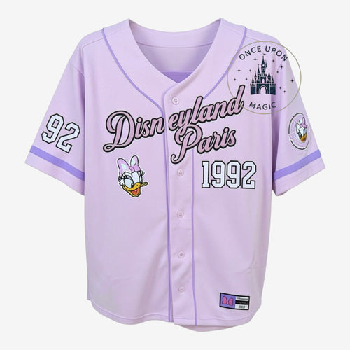 Once Upon Magic Disneyland Paris 1992 Daisy Duck baseball jersey in lilac with pink accents and graphic details.