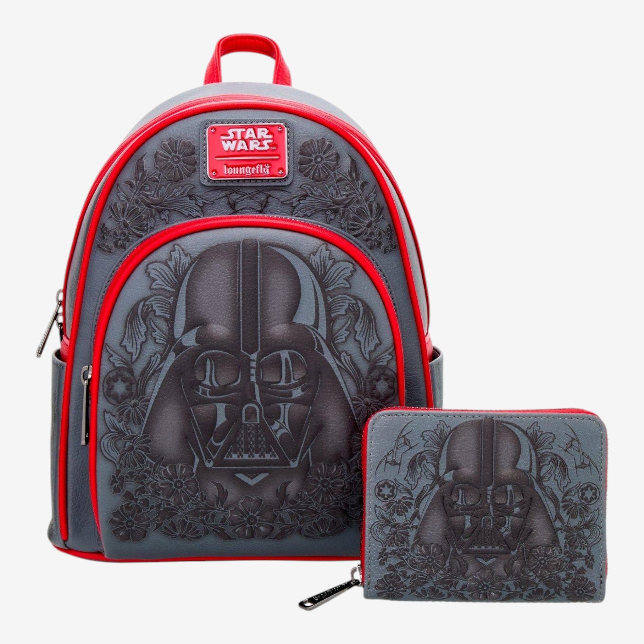 Once Upon Magic Star Wars Darth Vader floral embossed grey mini backpack and wallet with red trim.