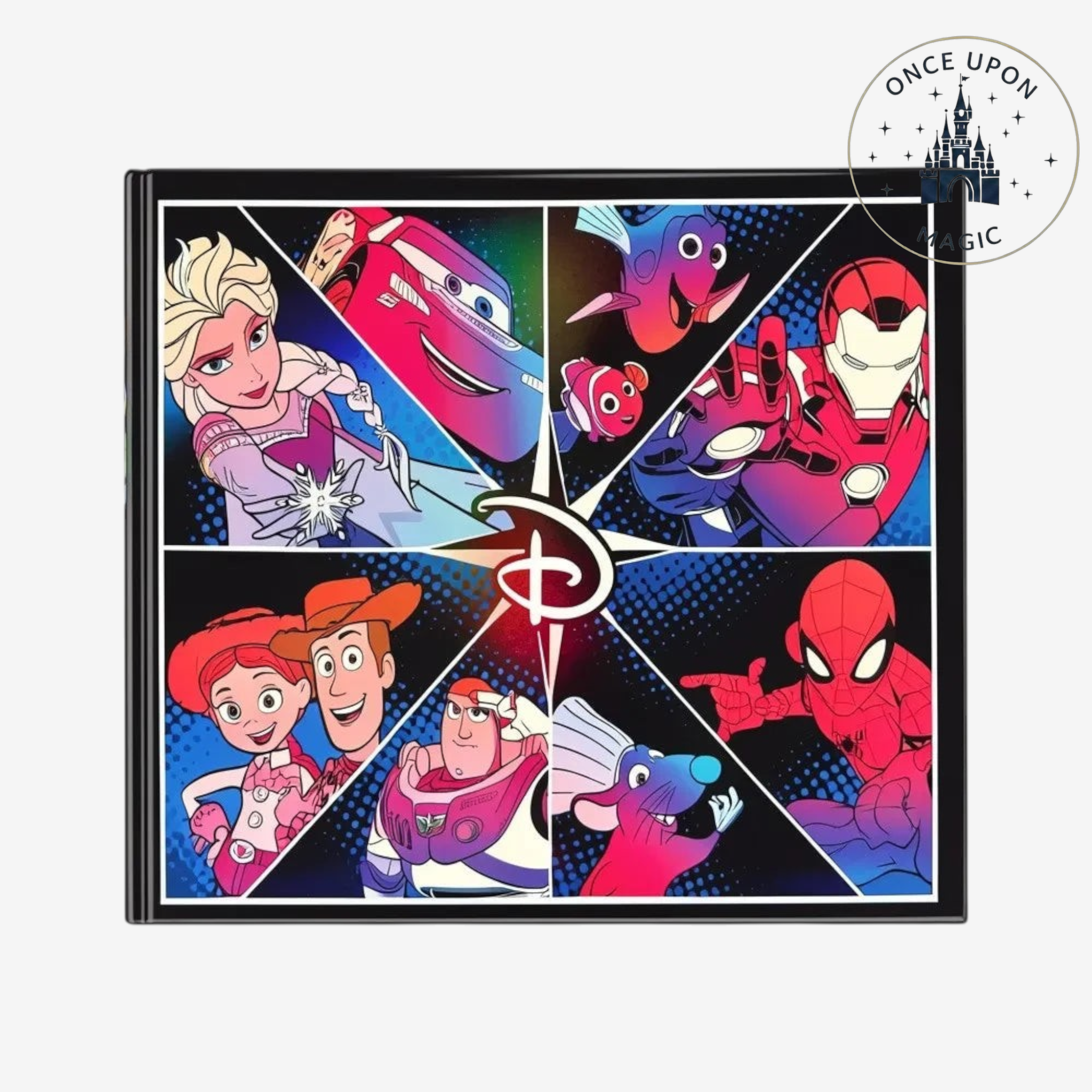 Once Upon Magic Disney Adventure World autograph book featuring Elsa, Lightning McQueen, and Marvel characters.