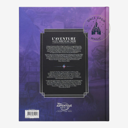 Once Upon Magic hardcover book back cover featuring Disney Adventure World concept art and park details