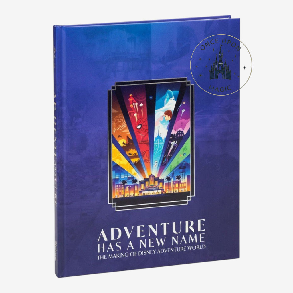 Once Upon Magic hardcover book featuring Disney Adventure World concept art on a deep blue background.