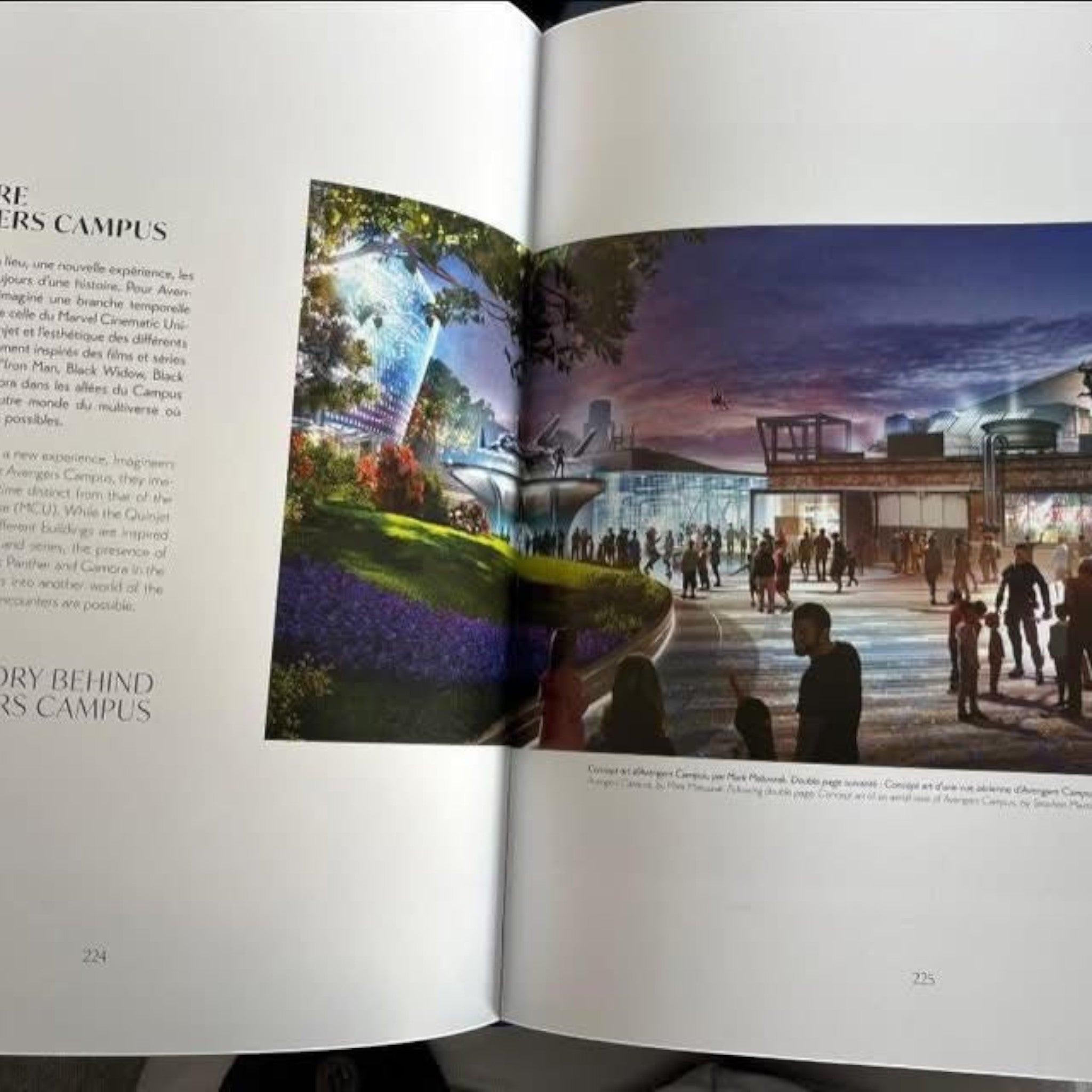 Once Upon Magic Disney Adventure World book showing Avengers Campus concept art with park visitors and futuristic architecture
