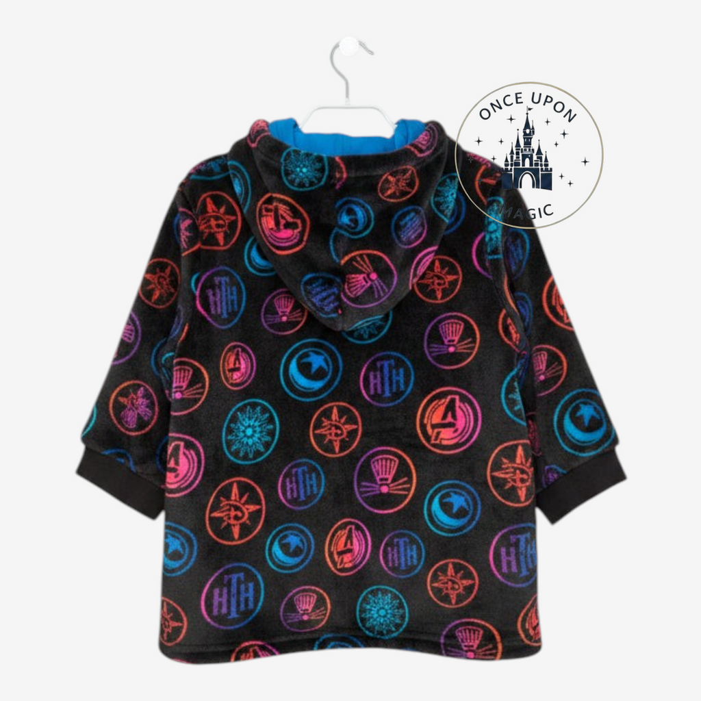Once Upon Magic Disney Adventure World fleece poncho for kids with a black base and colorful park icon pattern