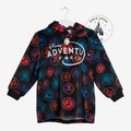 Once Upon Magic Disney Adventure World fleece poncho for kids with colourful character icons on a black background