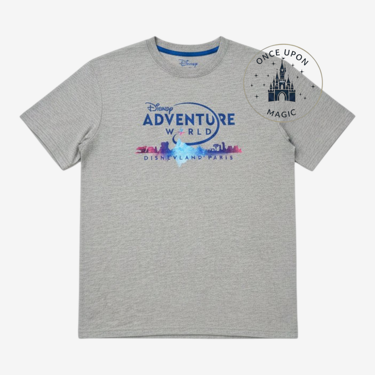 Once Upon Magic grey heather Disney Adventure World t-shirt with blue logo and colorful Disneyland Paris park graphic
