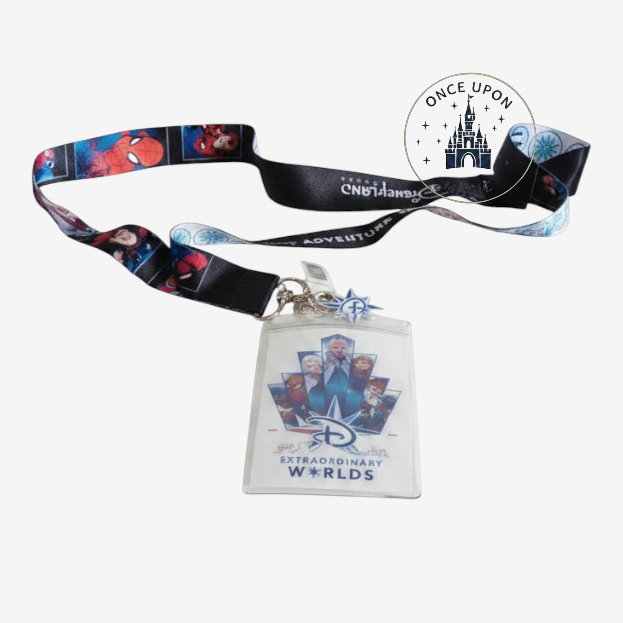 Once Upon Magic Disney Adventure World lanyard with clear ID pouch and character charm featuring Marvel and Frozen