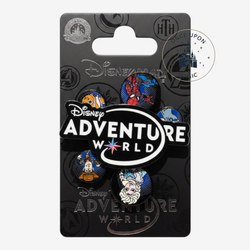 Once Upon Magic Disney Adventure World logo pin featuring character icons on a branded Disneyland Paris display card