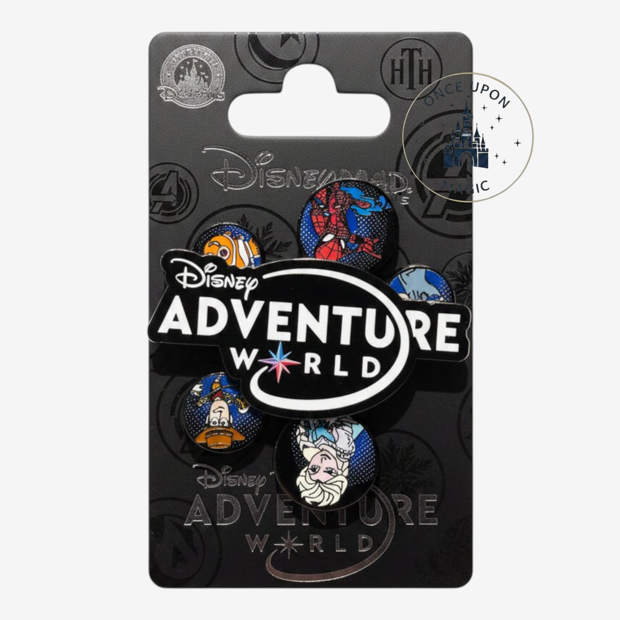 Once Upon Magic Disney Adventure World logo pin featuring character icons on a branded Disneyland Paris display card