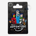 Once Upon Magic Disney Adventure World pin featuring Elsa, Iron Man, Spider-Man, Buzz Lightyear, and Woody characters.