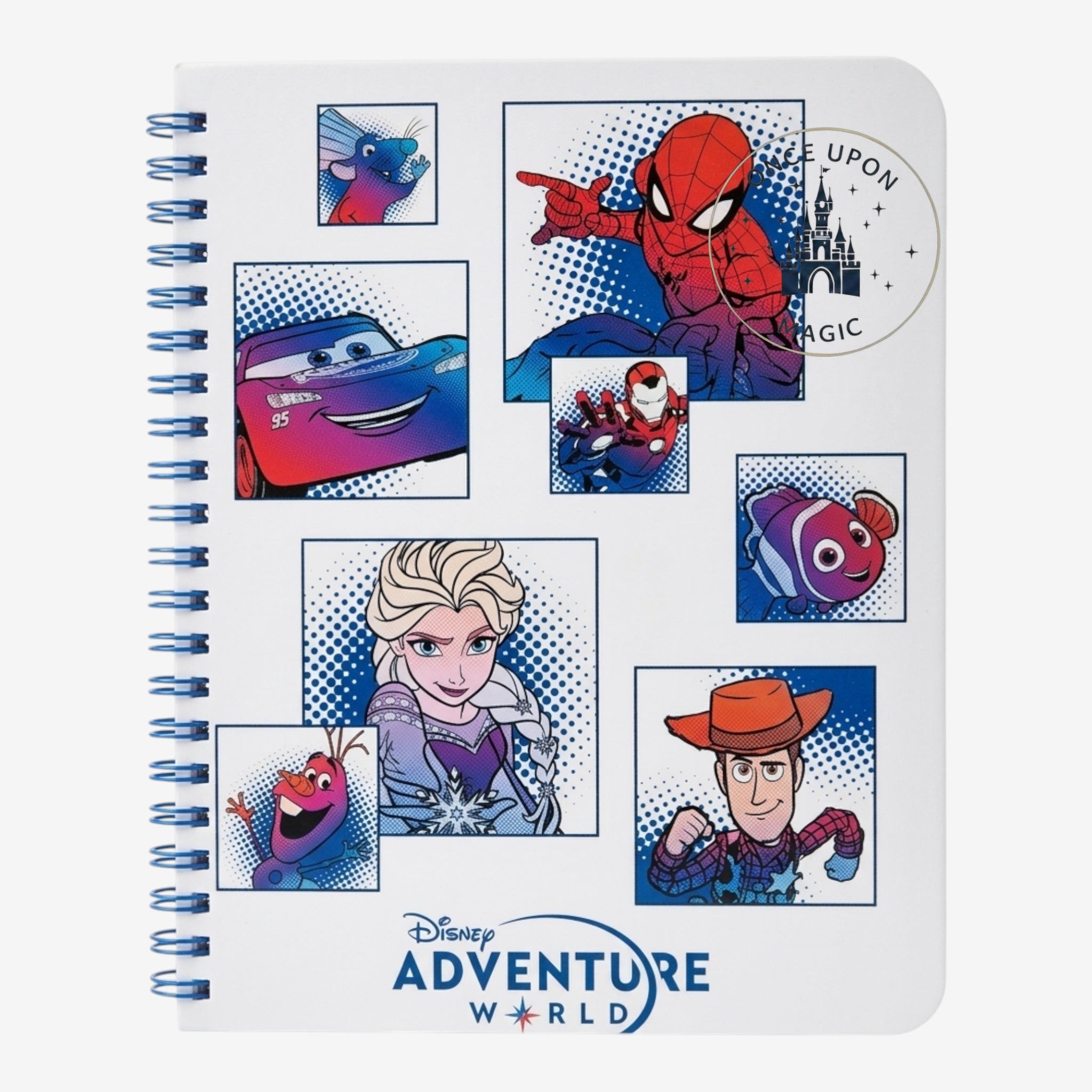 Once Upon Magic Disney Adventure World spiral notebook featuring a colorful collage of Marvel and Disney characters.