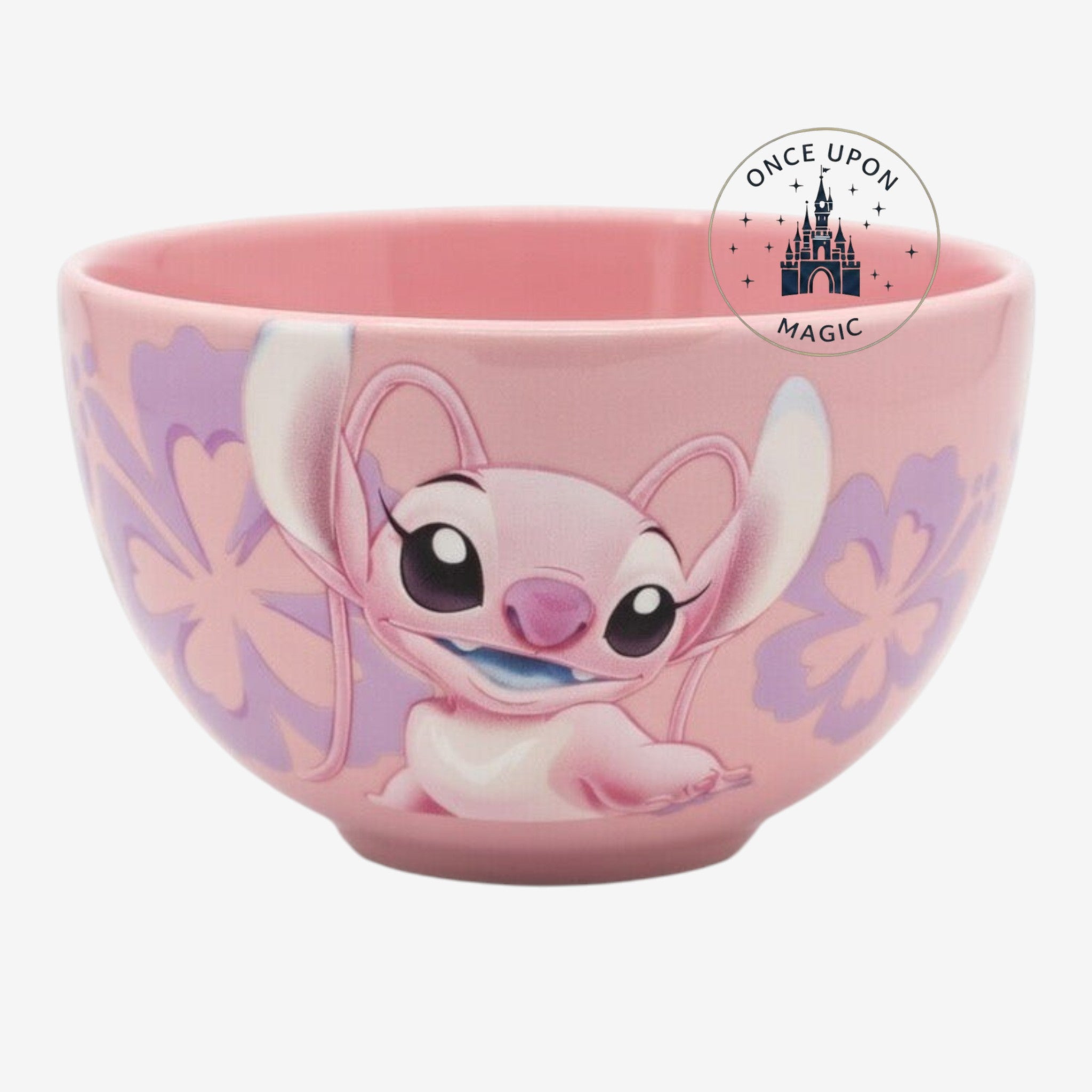 Once Upon Magic pink ceramic bowl featuring Disney's Angel character with floral Hawaiian print. Ideal for cereal or dessert.