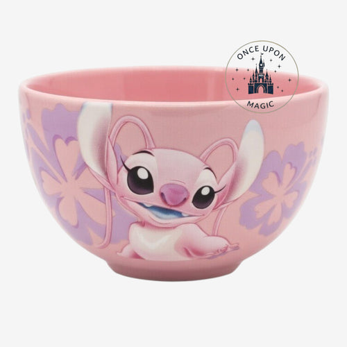 Once Upon Magic pink ceramic bowl featuring Disney's Angel character with floral Hawaiian print. Ideal for cereal or dessert.