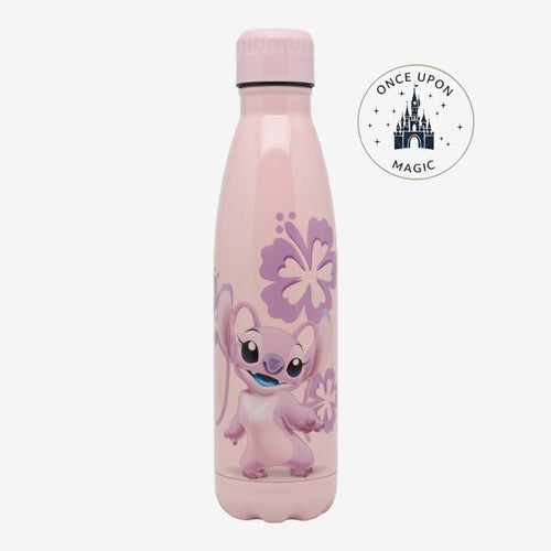 Once Upon Magic pink water bottle with Angel from Lilo & Stitch and tropical flowers.