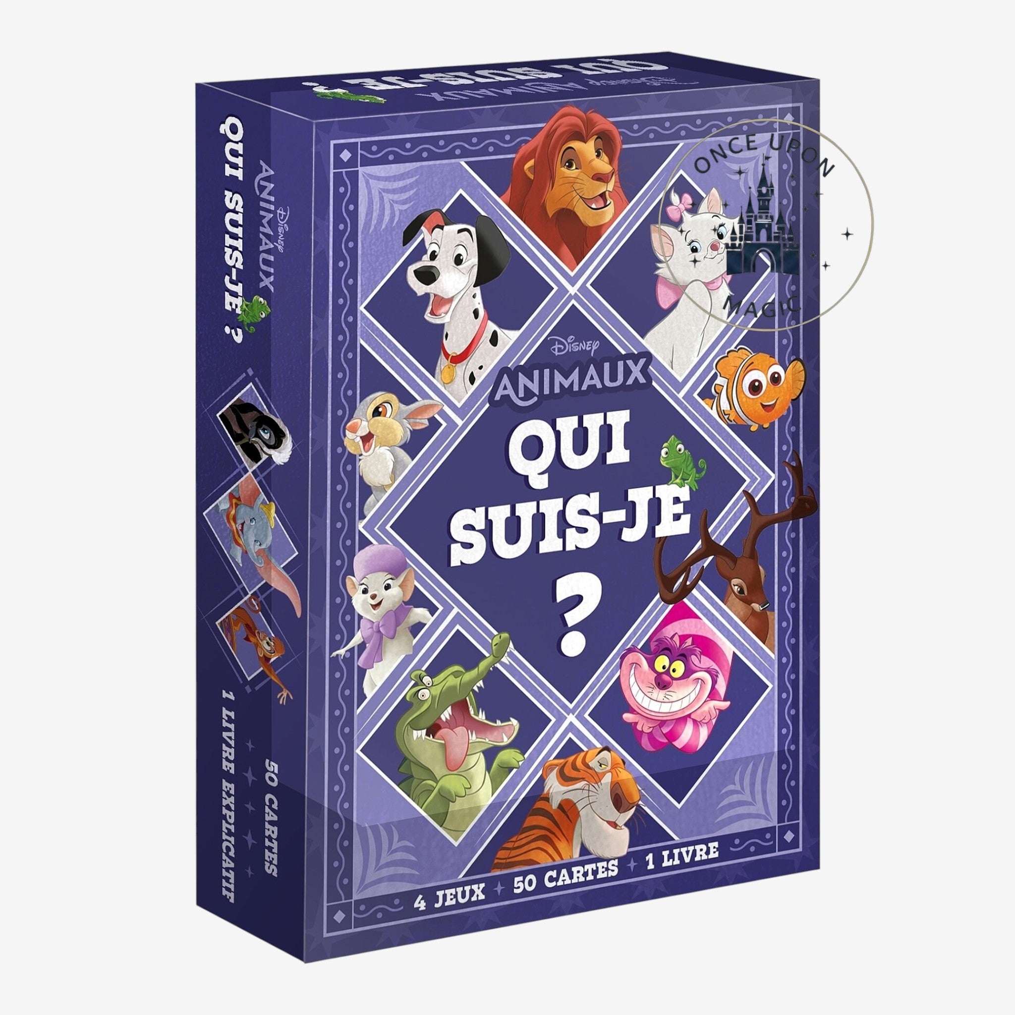 Once Upon Magic Disney Animals Who Am I? board game box featuring Simba, Marie, Nemo, and other characters. For ages 5+.