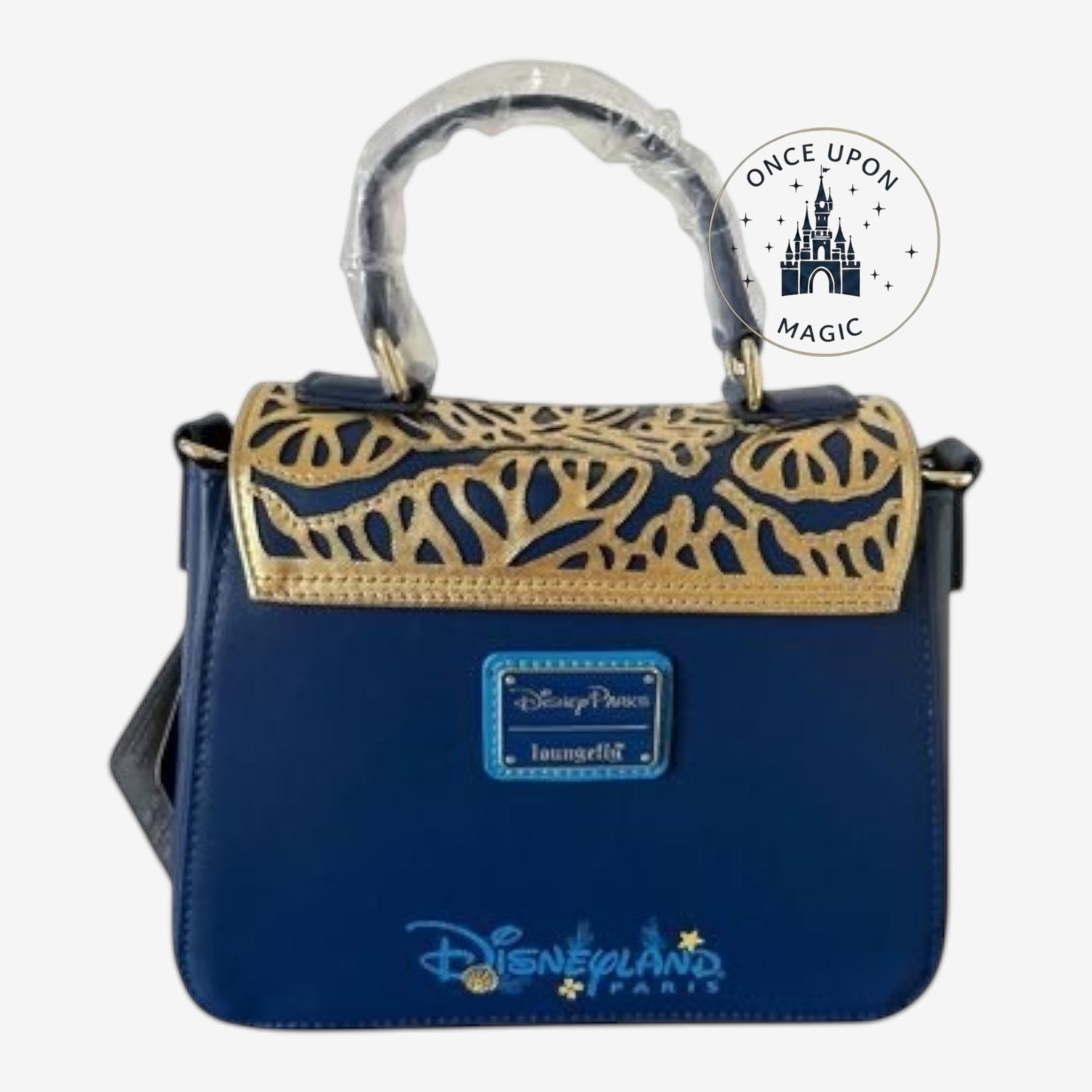 Once Upon Magic navy blue faux leather crossbody bag with gold coral-inspired detailing and Ariel graphic. Disneyland Paris exclusive.