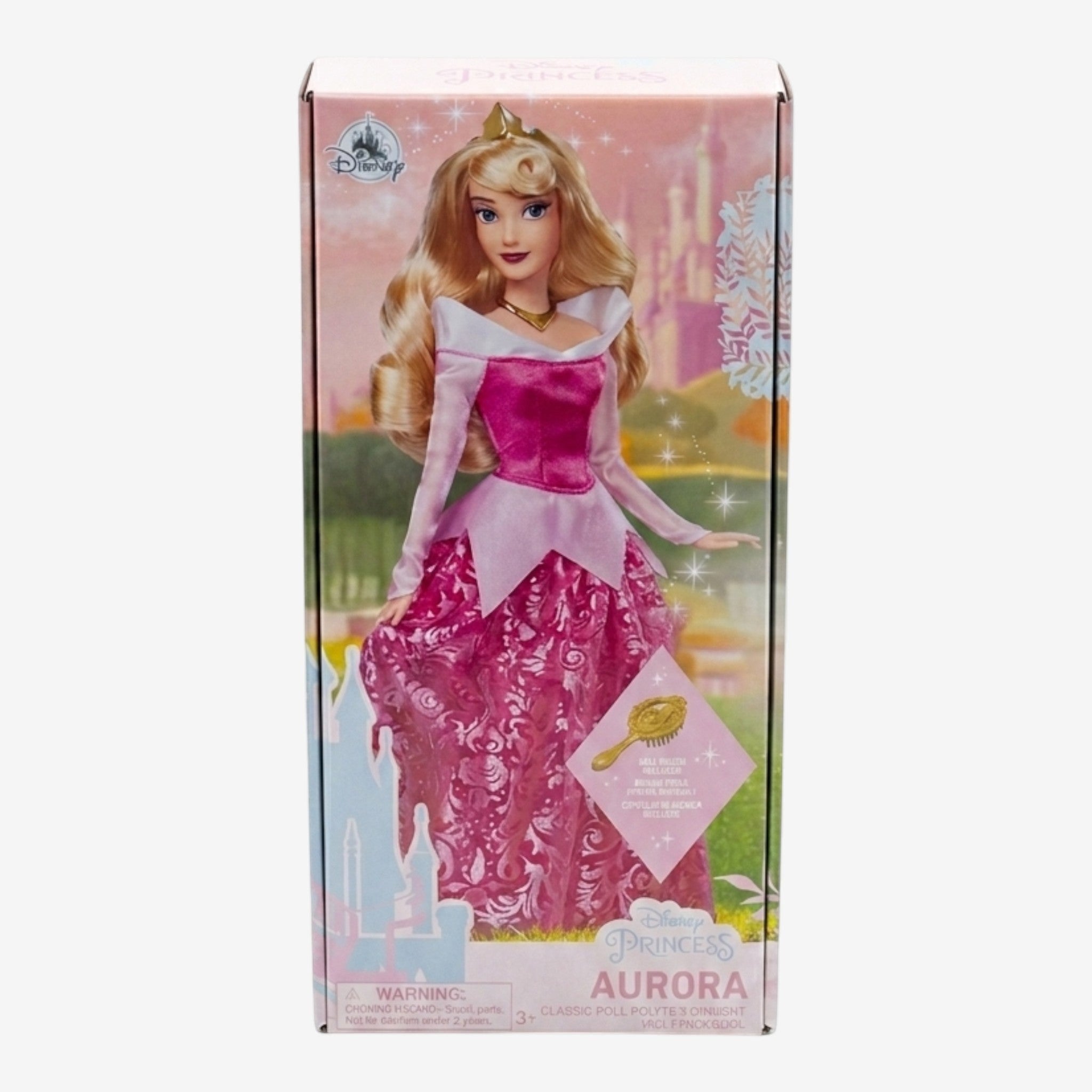 Once Upon Magic Disney Princess Aurora doll in a pink satin dress with floral patterns and a white collar. Includes crown and brush.