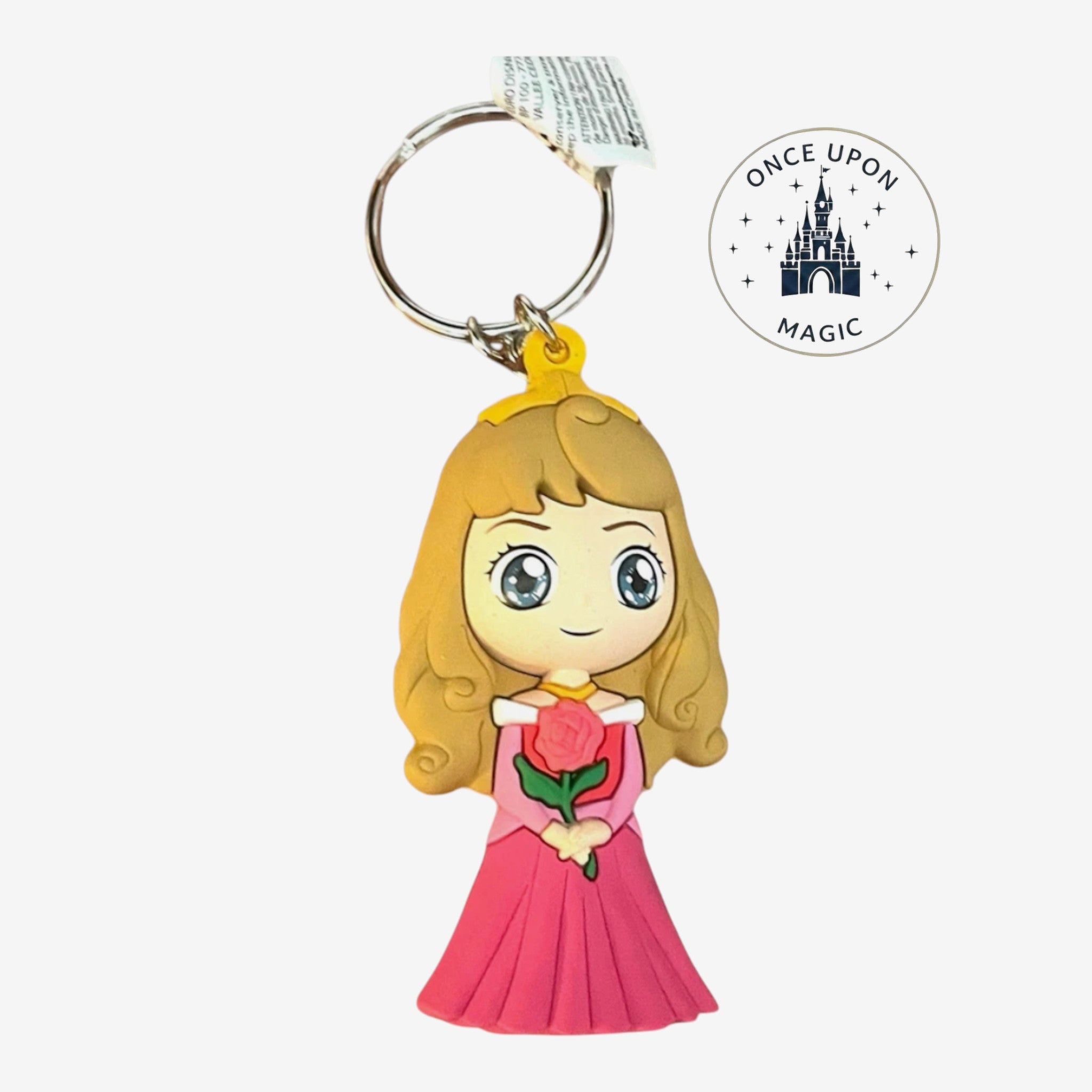 Once Upon Magic Disney Princess Aurora 3D PVC keychain in pink dress holding a red rose, with silver clasp.