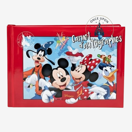 Once Upon Magic red Disney autograph book featuring Mickey, Minnie, Donald, and Goofy on a glossy landscape cover.