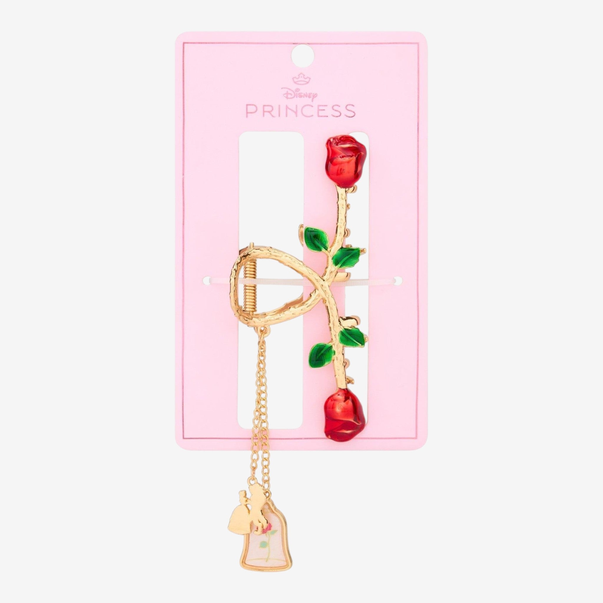 Once Upon Magic Disney La Belle et la Bête Belle rose claw hair clip with dangling enchanted rose and Belle charm.
