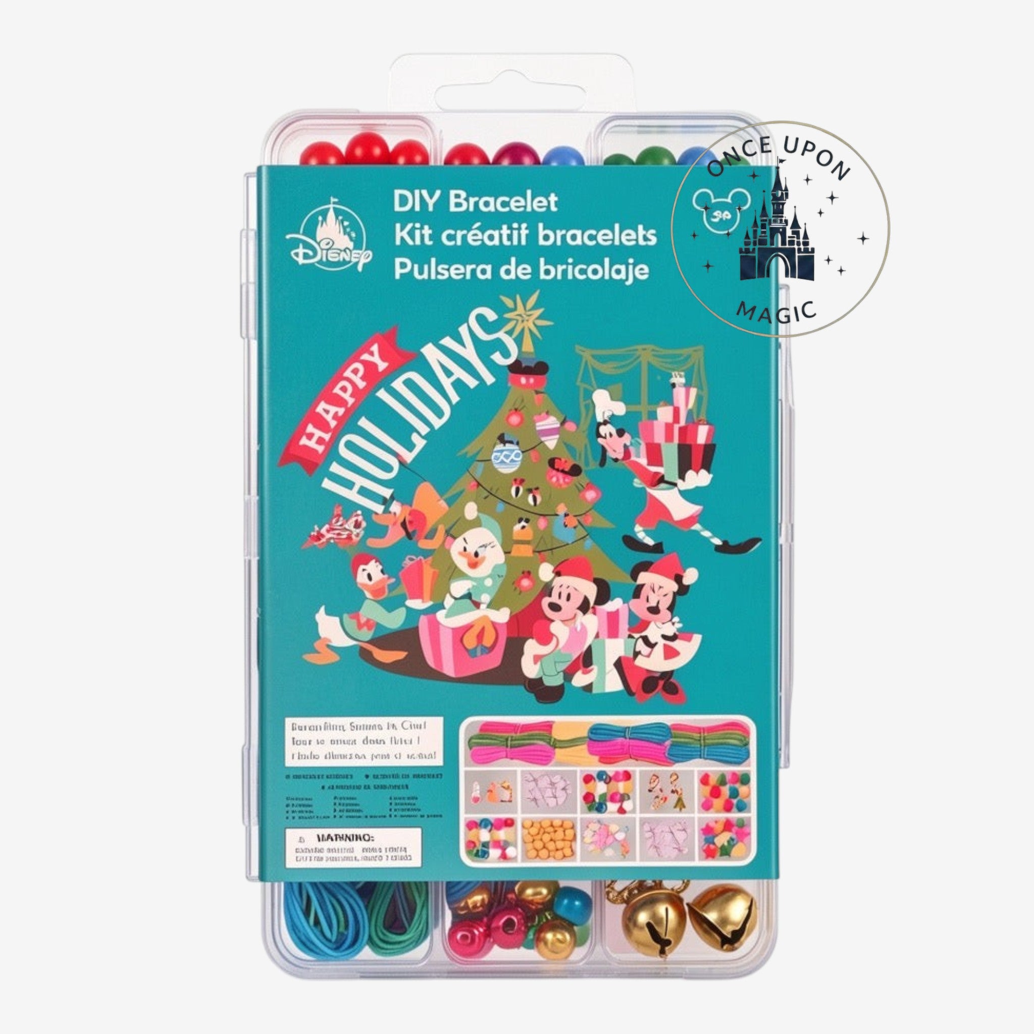 Once Upon Magic Disney Happy Holidays DIY bracelet kit with colorful beads, charms, and festive character illustrations.