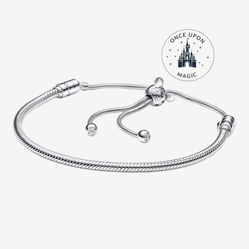Once Upon Magic silver adjustable bracelet with Mickey Mouse charm and cubic zirconia ends, inspired by Disneyland Paris.
