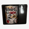 Once Upon Magic Disney Britto Midas Stitch mug with "Weird but cute" text and colorful geometric patterns.