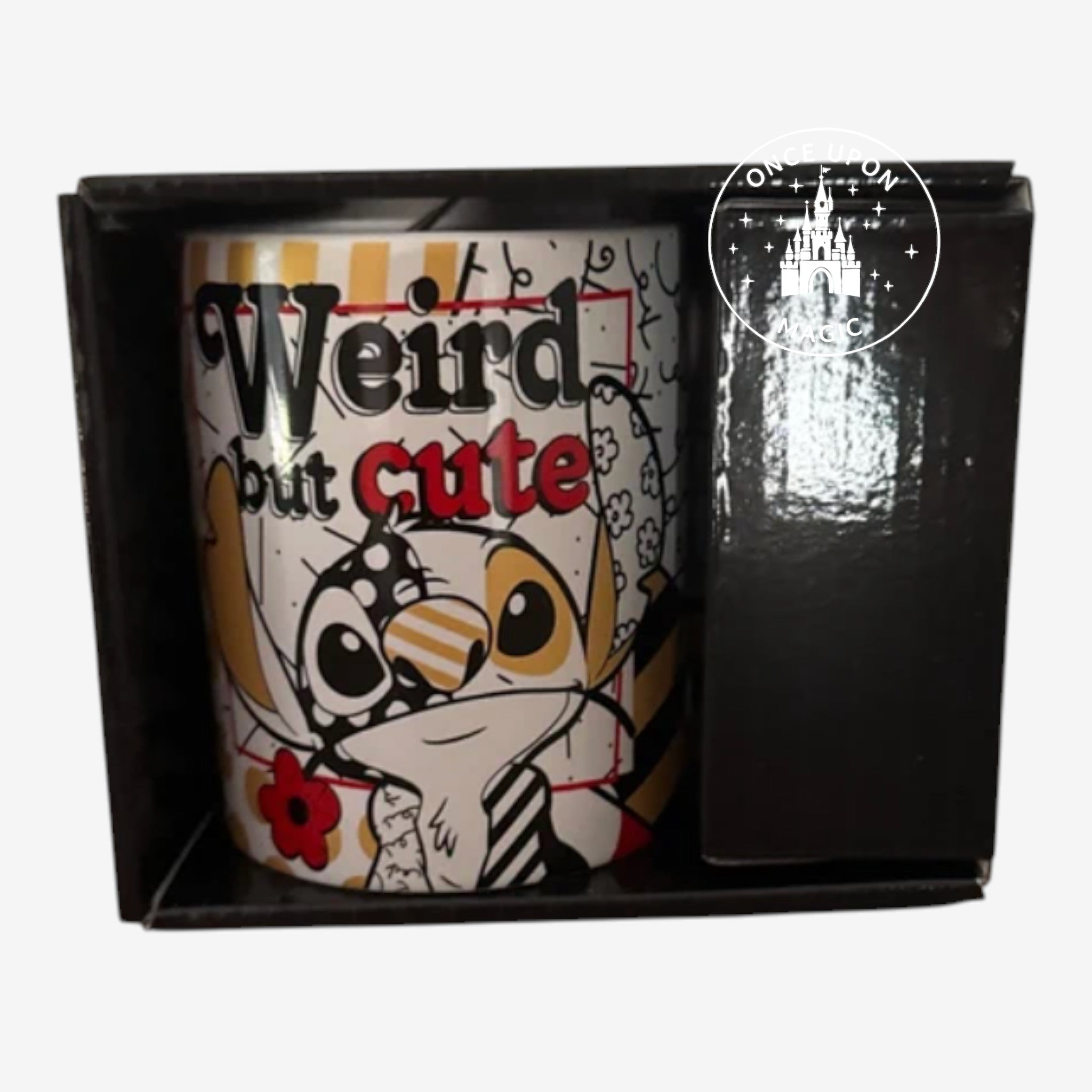 Once Upon Magic Disney Britto Midas Stitch mug with "Weird but cute" text and colorful geometric patterns.