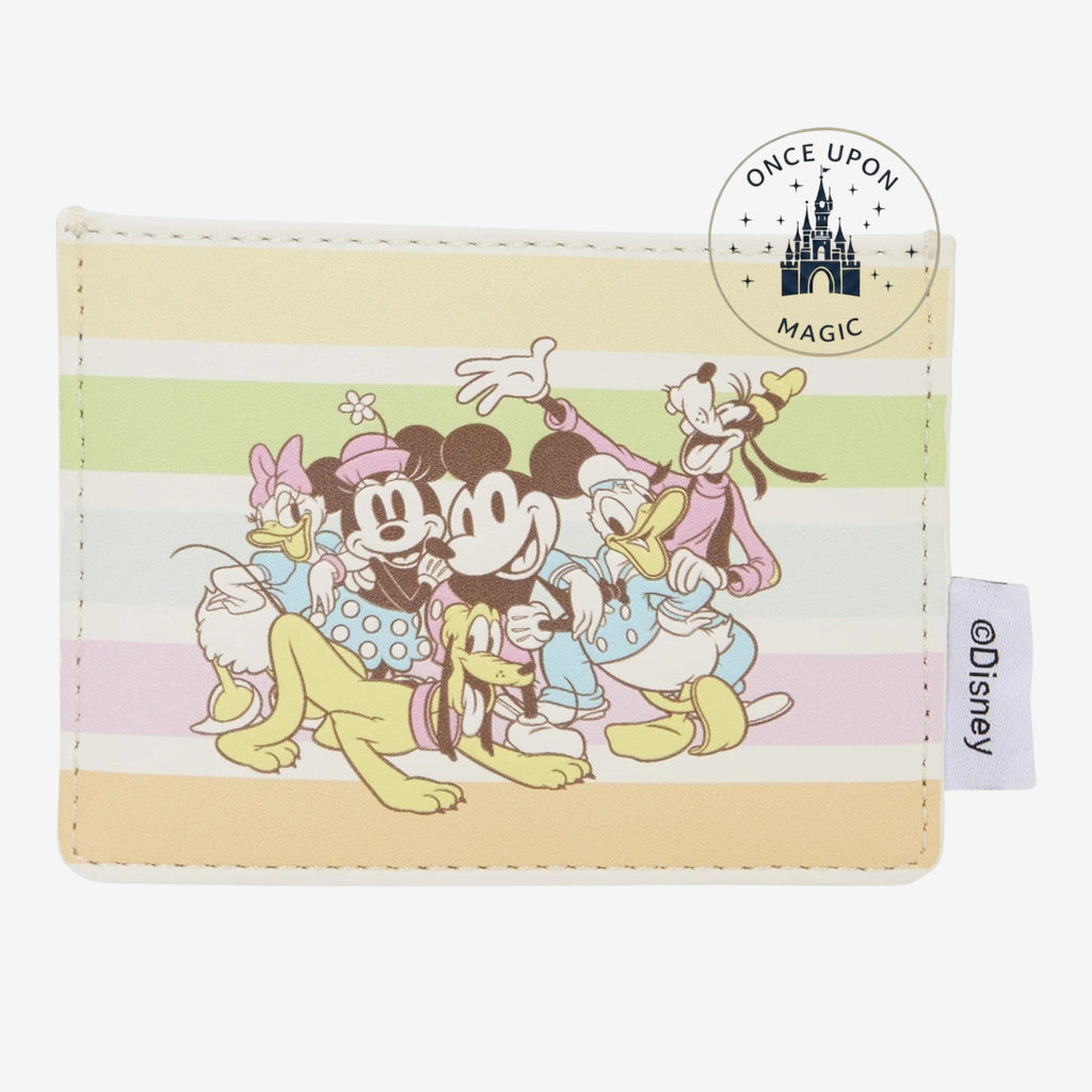 Once Upon Magic pastel stripe cardholder with Mickey, Minnie, Pluto, Donald, Daisy, and Goofy illustration. Faux leather.