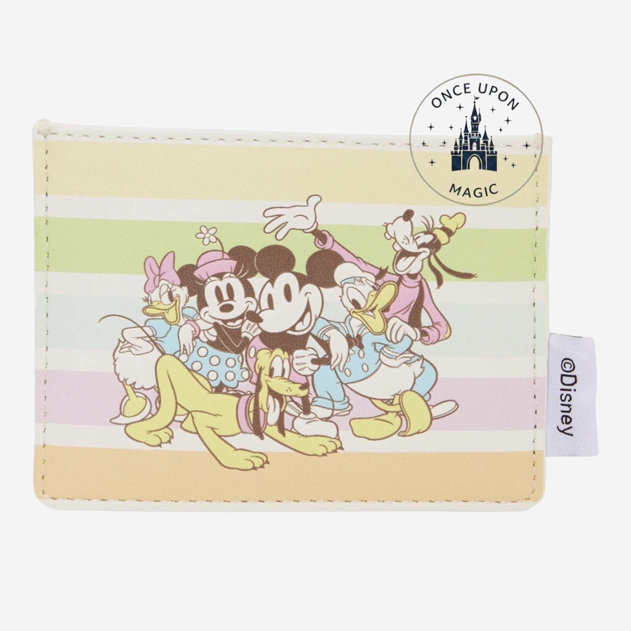 Once Upon Magic pastel stripe cardholder with Mickey, Minnie, Pluto, Donald, Daisy, and Goofy illustration. Faux leather.