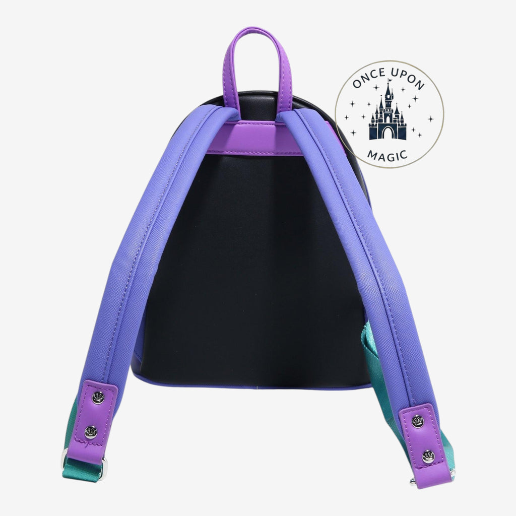 Once Upon Magic Disney Pixar Cars mini backpack featuring Flash McQueen and Sally with light-up headlights. Black polyurethane with purple straps.