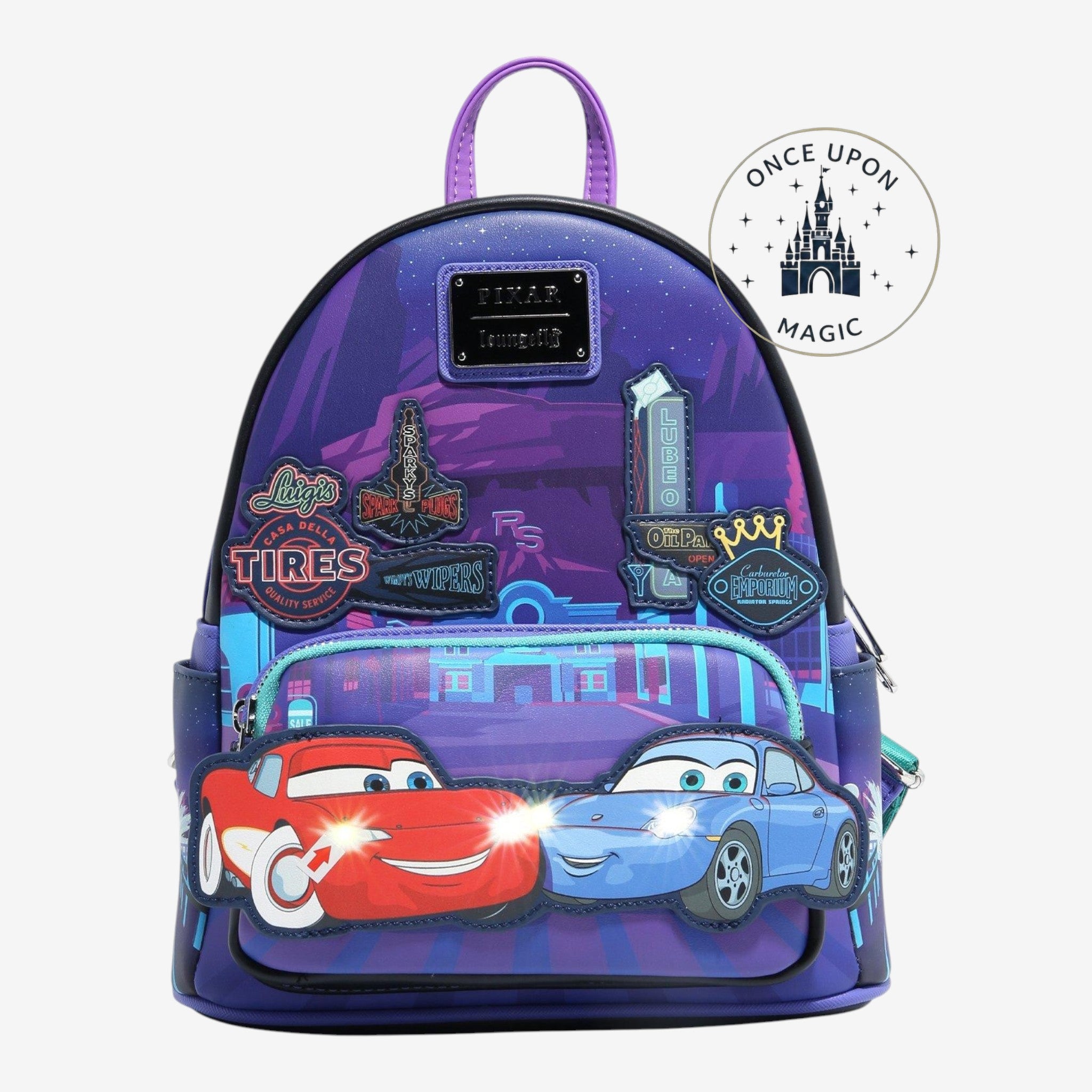 Once Upon Magic Disney Pixar Cars Lightning McQueen & Sally mini backpack with light-up headlights and Radiator Springs scenery. Faux leather.