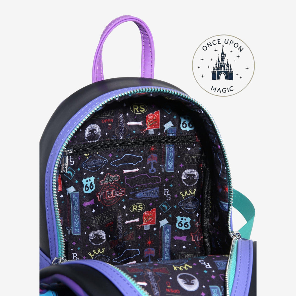 Once Upon Magic Loungefly Disney Pixar Cars mini backpack with light-up headlights, featuring Radiator Springs decor and Cars characters.