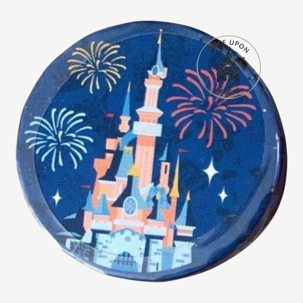 Once Upon Magic Disney castle with fireworks sticker. Features a colorful castle on a dark blue background with red and white fireworks.
