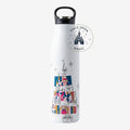 Once Upon Magic white insulated water bottle with a colorful graphic of Disneyland's Sleeping Beauty Castle and stars. Features a black handle lid.