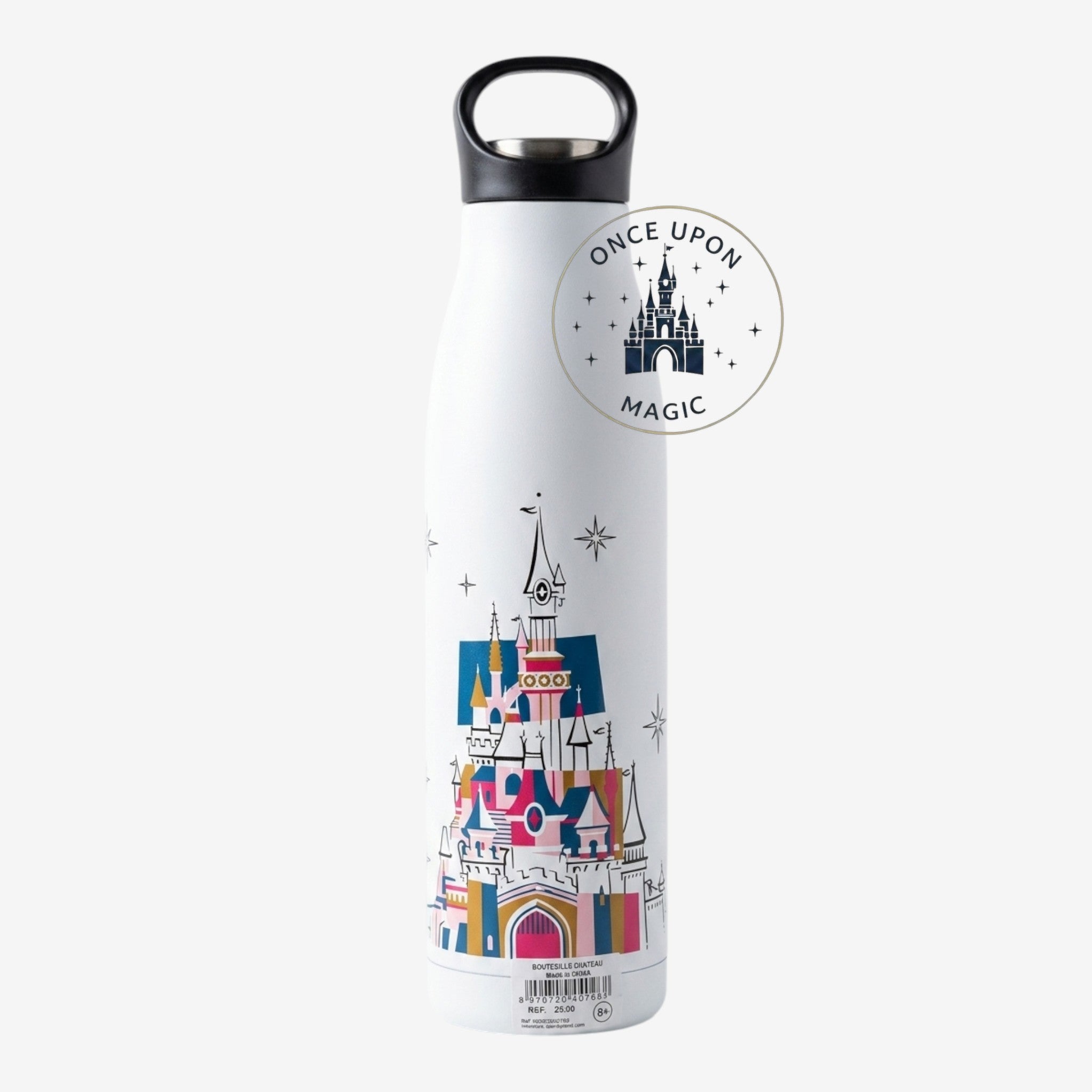 Once Upon Magic white insulated water bottle with a colorful graphic of Disneyland's Sleeping Beauty Castle and stars. Features a black handle lid.