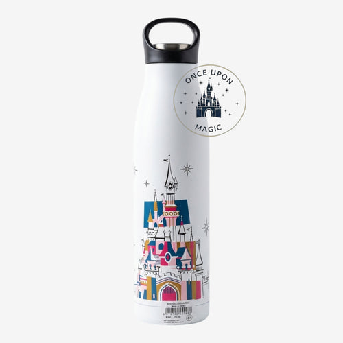 Once Upon Magic white insulated water bottle with a colorful graphic of Disneyland's Sleeping Beauty Castle and stars. Features a black handle lid.