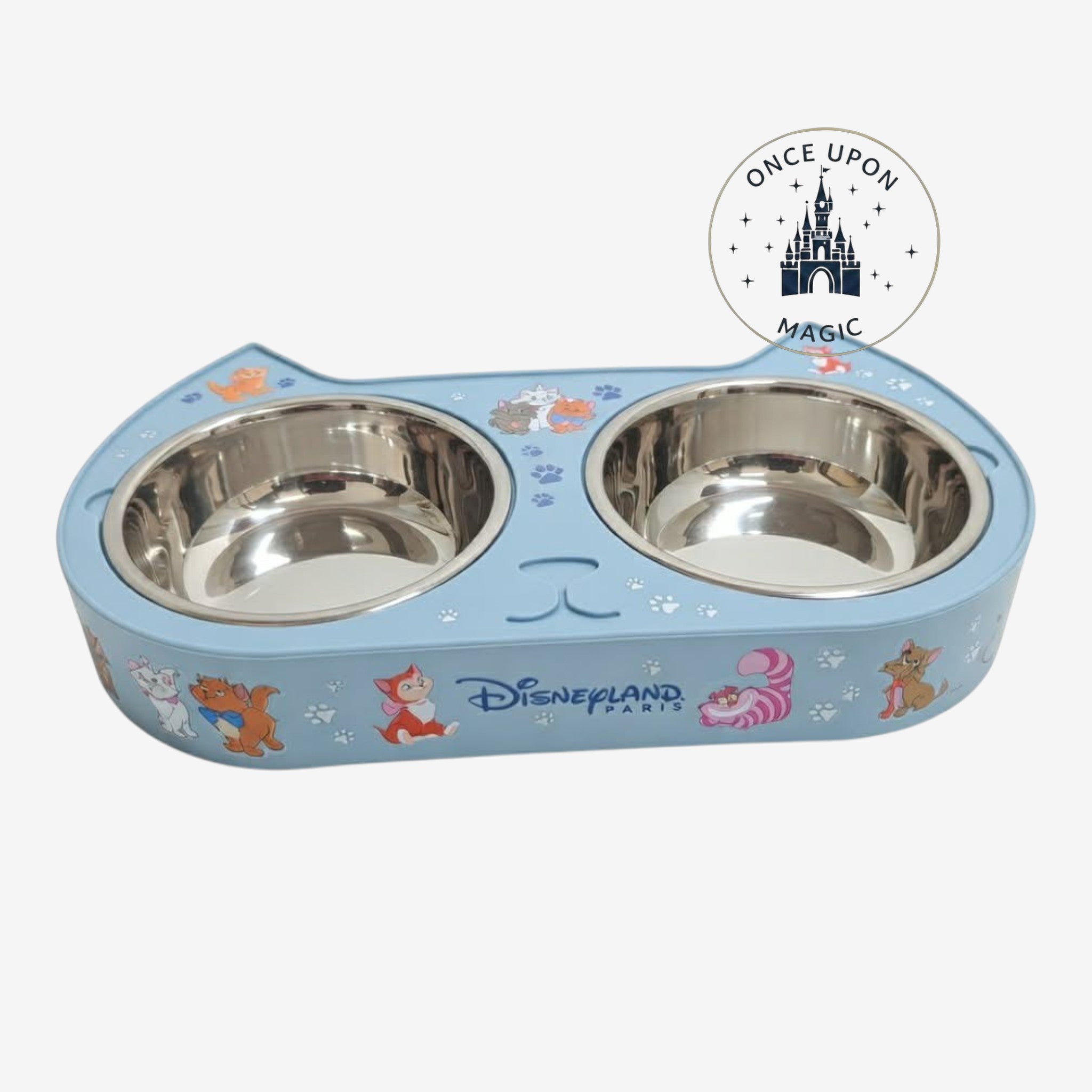 Once Upon Magic blue cat-shaped double pet feeding bowl with stainless steel inserts and Disney character graphics.