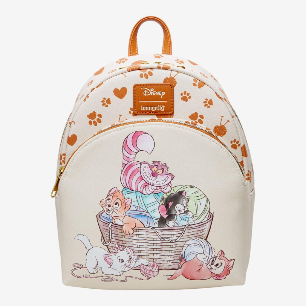 Once Upon Magic Loungefly Disney cats mini backpack with kittens playing with yarn on a cream background with paw prints and hearts.