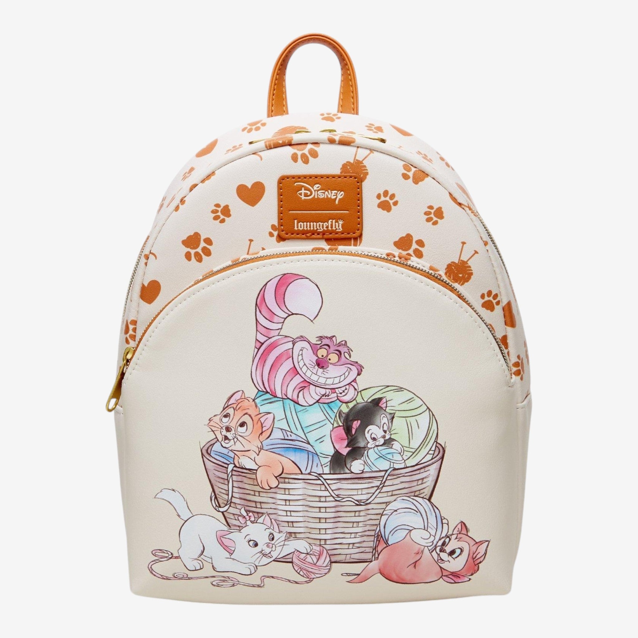 Once Upon Magic Loungefly Disney cats mini backpack with kittens playing with yarn on a cream background with paw prints and hearts.