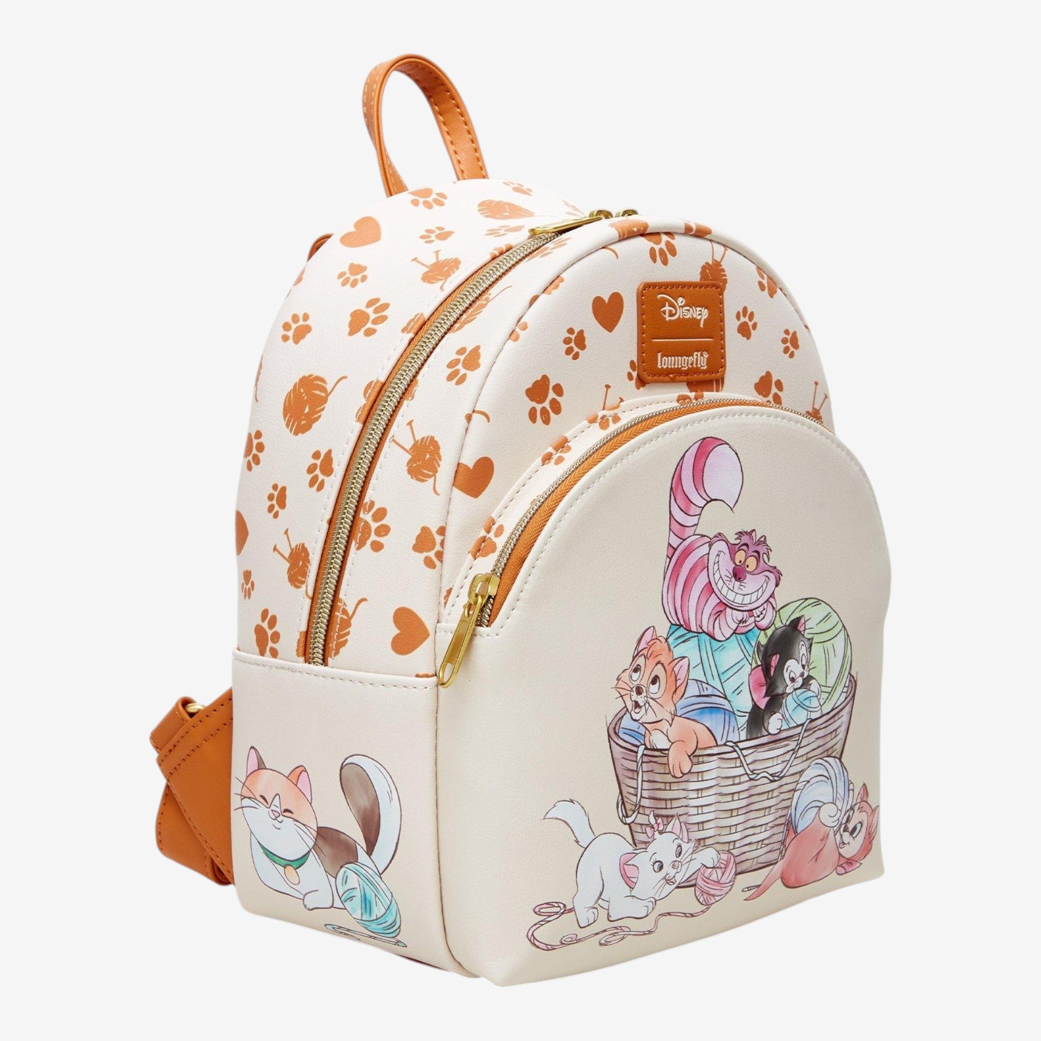 Once Upon Magic Disney cats mini backpack with yarn pattern and Disney characters playing with yarn. Faux leather.