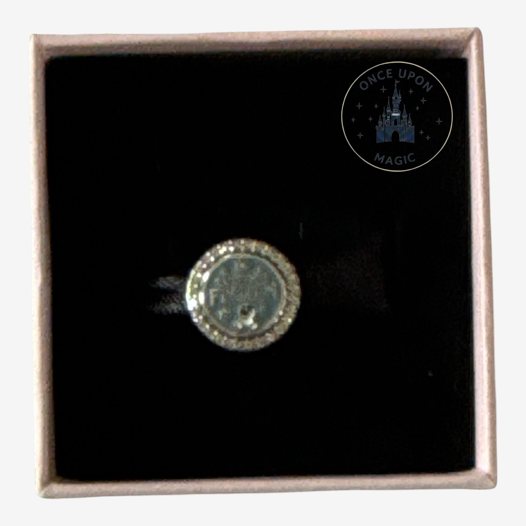 Once Upon Magic round fairy charm with sparkling crystal border and Disney castle design, perfect for bracelets.