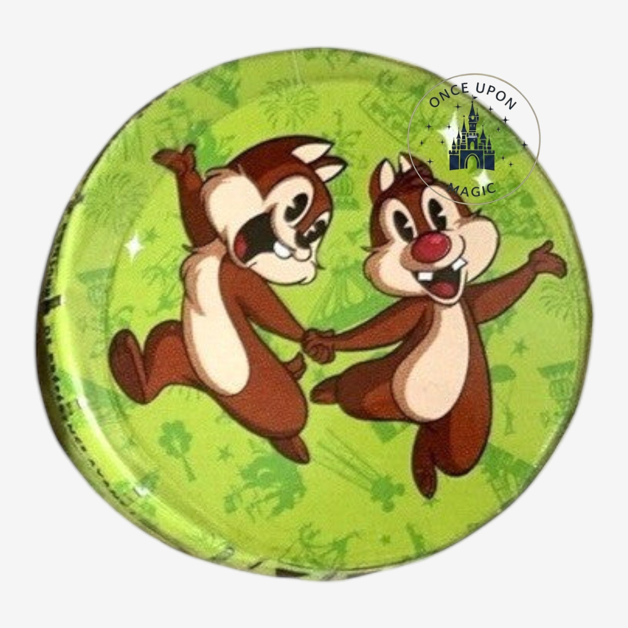 Once Upon Magic Disney Chip 'n' Dale collectible pin with green background and fireworks motif.